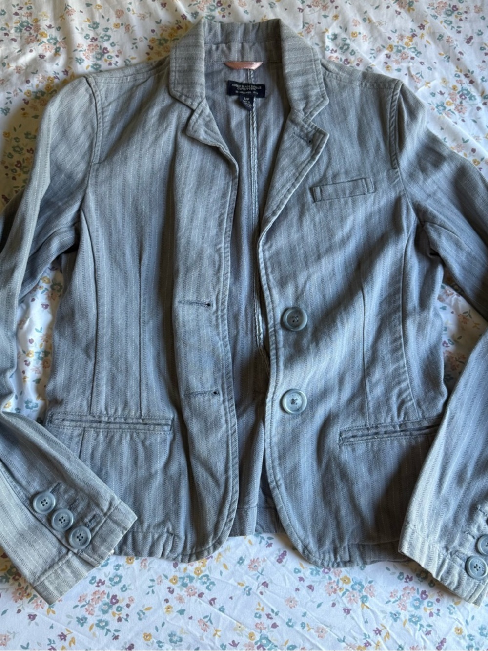 American Eagle Outfitters Light Gray Pinstripe Cotton Blazer